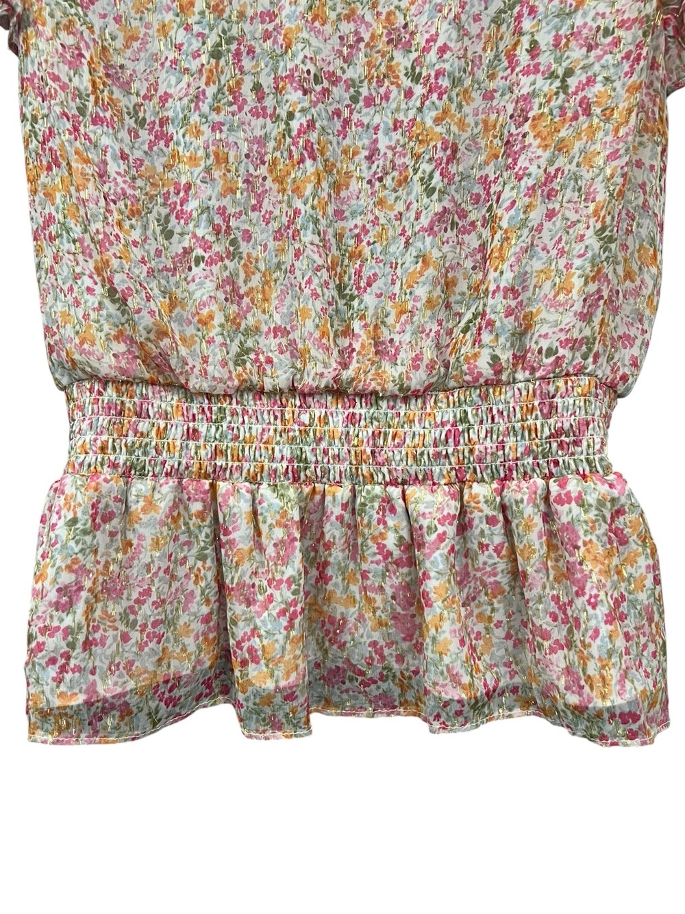 Parker Floral Ruffle Blouse Medium Cream/Pink/Orange/Green Gold Metallic Peplum - Picture 9 of 11